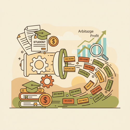 Flat design illustration of educational debt securitization and debt yield arbitrage, showing student loans being transformed into various financial securities.