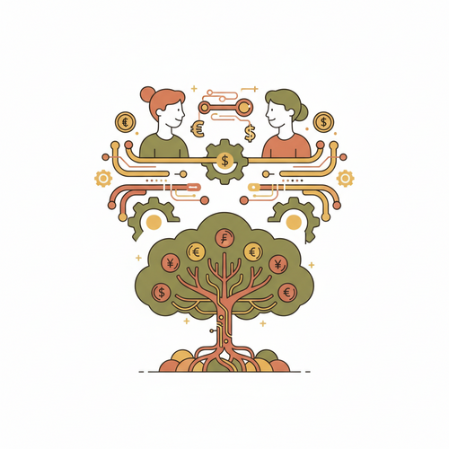 Flat design illustration showing the concept of algorithmic wealth transfer, with gears and circuits representing automated portfolio diversification across generations, a tree symbolizing growth and legacy, all in warm earth tones.