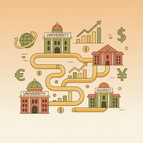 Flat design illustration of university buildings connected to global financial symbols and economic growth charts, representing macroeconomic analysis of educational infrastructure capitalization.