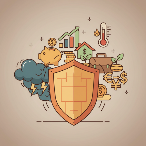 Flat design illustration depicting macroeconomic hedging protecting tertiary liability portfolios from inflation, interest rate, and currency risks.