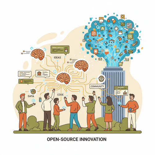 Illustration depicting a network of academic open-source collaboration leading to asymmetric corporate competency acquisition for a business entity.