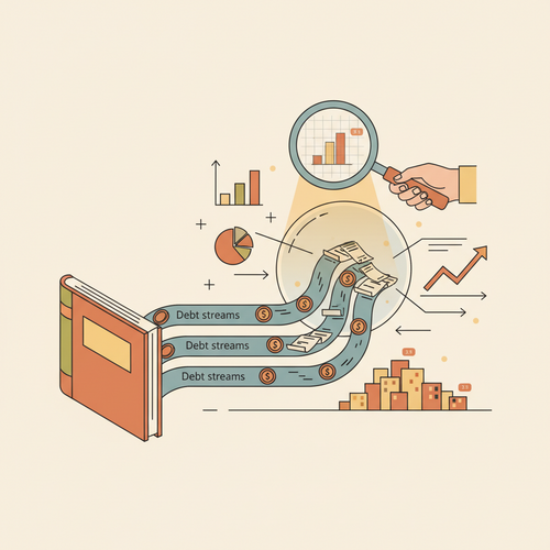 Flat design illustration depicting predictive modeling of income-contingent educational liabilities with data streams and analytical graphs