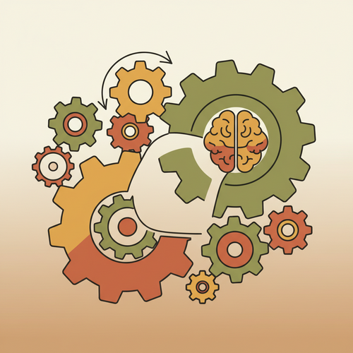Flat design illustration of interlocking gears, some unique, symbolizing scalable asymmetric skill acquisition and enterprise onboarding optimization within an enterprise context.