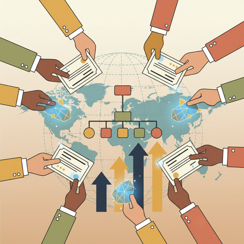 Illustration of scalable digital certification ecosystems optimizing corporate talent, showing professionals exchanging digital credentials.