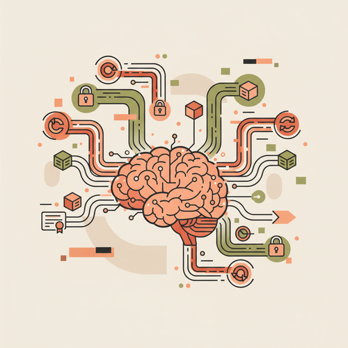Flat design illustration of digital credentials feeding into a conceptual brain, symbolizing the impact of digital credentialing on human capital valuation and talent optimization.