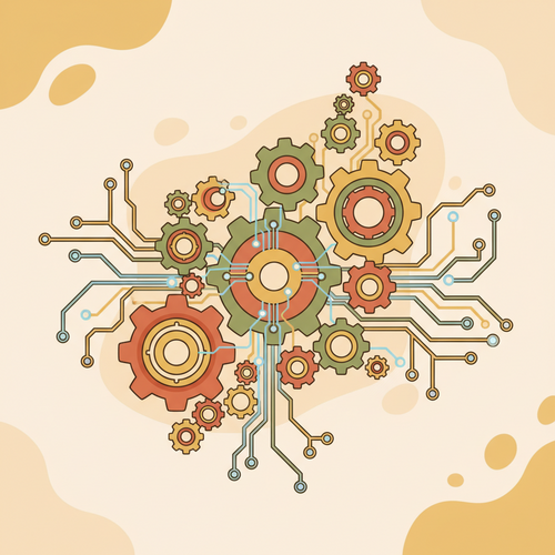 A flat design illustration showing interconnected gears and circuits, symbolizing scalable open-source infrastructure for enterprise skill optimization.