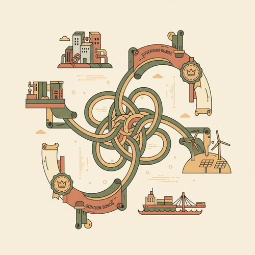 Illustration depicting the interconnection between sovereign bond yields, fixed-income markets, and tertiary infrastructure debt projects, representing a stable investment in a complex financial landscape.