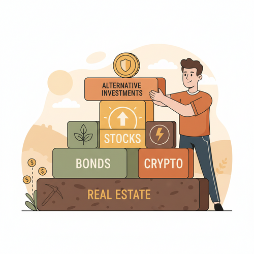 Conceptual illustration of a graduate strategically allocating assets for wealth retention, featuring stacked financial instruments and growth graphs.