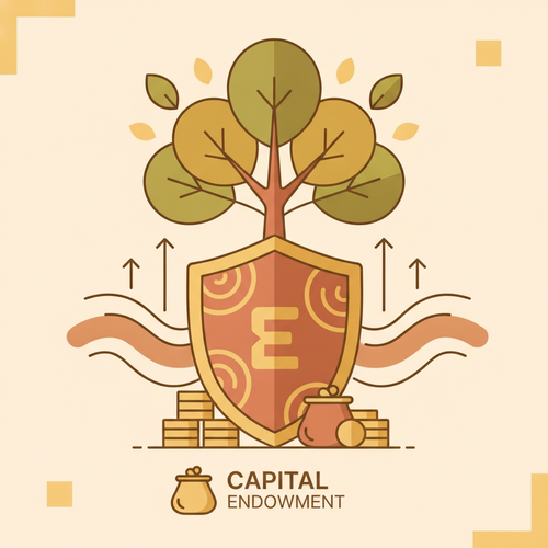 Flat design illustration of a shield protecting a growing tree, symbolizing academic endowment risk hedging and capital preservation through corporate fiscal policy simulations.