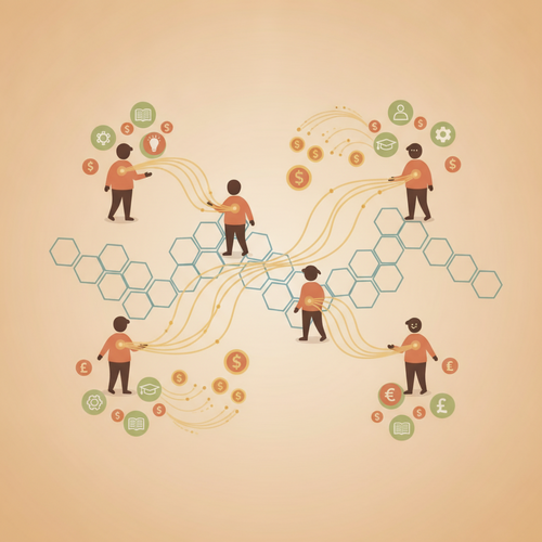 Flat design illustration depicting decentralized knowledge architectures facilitating zero-cost skill acquisition and human capital monetization through a blockchain network.