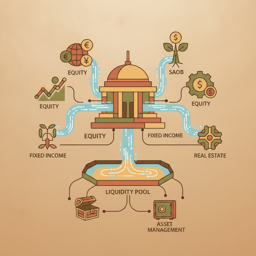 Flat design illustration of a sovereign treasury building with data streams flowing into it, symbolizing econometric liquidity modeling and institutional endowment management processes.