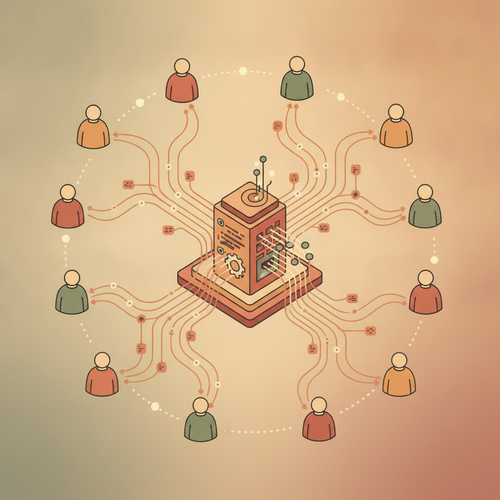 Flat design illustration representing open access skill acquisition, showing diverse employees sharing and acquiring knowledge through digital networks for corporate competitiveness.