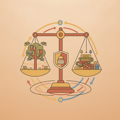 Conceptual illustration of sovereign educational debt structuring, showing actuarial liability amortization and yield hedging strategies in public finance.