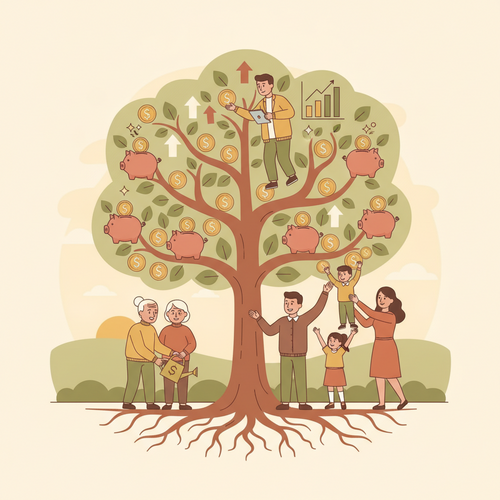 Conceptual illustration of intergenerational portfolio rebalancing, showing assets growing and being transferred across generations in a financial context.